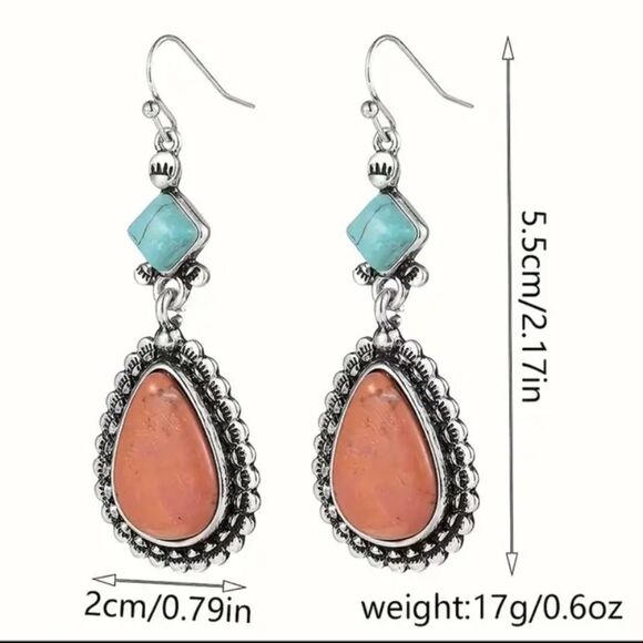 🔅🆕🔅 BoHo Vintage Silver Plated Coral Turquoise Decor Stones Drop Earrings✨ - Picture 8 of 13